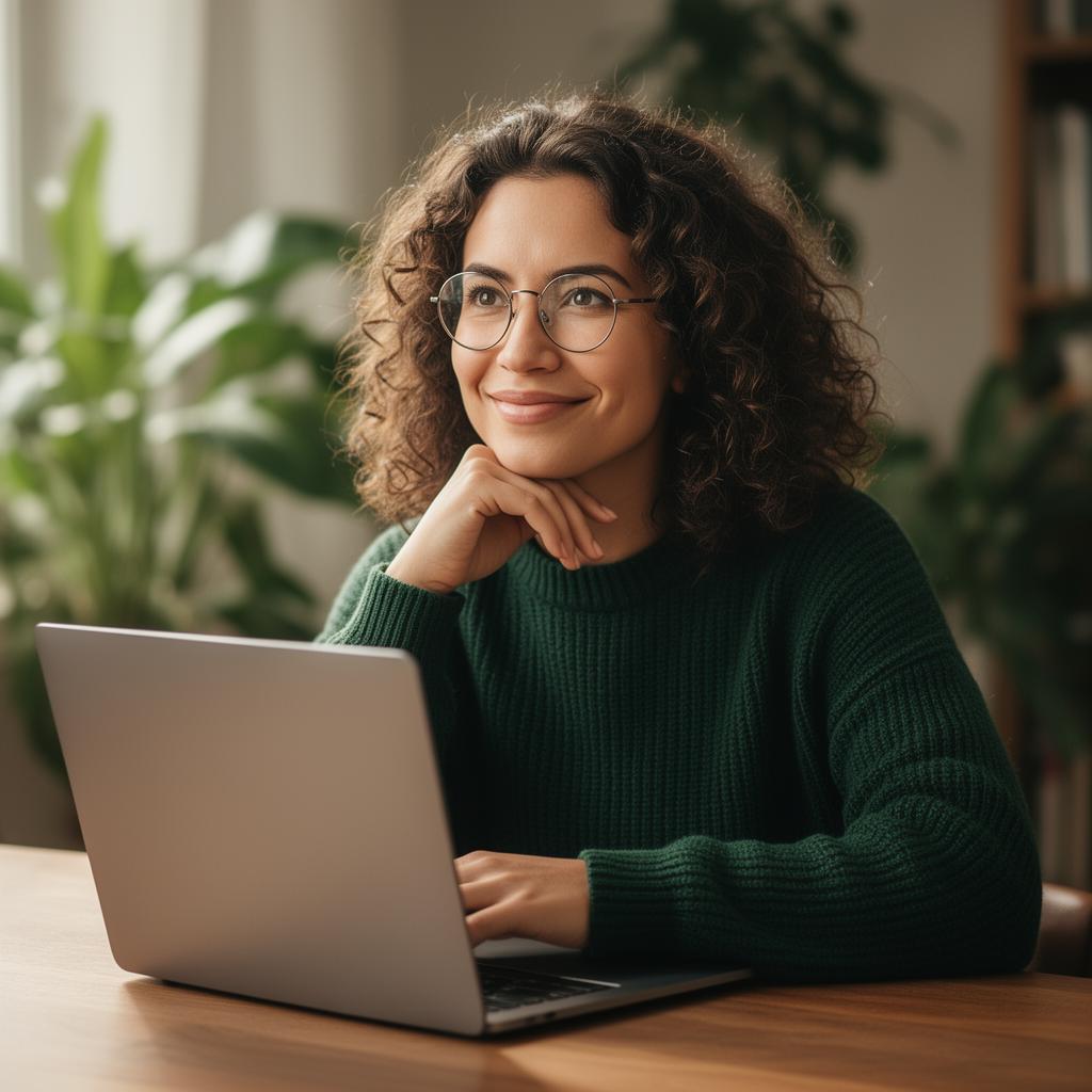 Person smiling at a laptop, exploring assessment tools